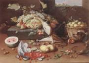 Jan Van Kessel the Younger Still life of a watermelon,pears,grapes and melons,plums,apricots and pears in a basket,with a dog surprising a monkey and fraises-de-bois spilling ou Sweden oil painting reproduction